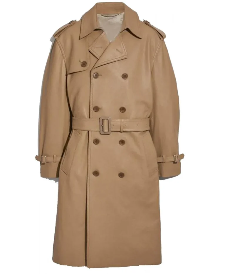 Men’s Double Breasted Light Brown Belted Leather Coat