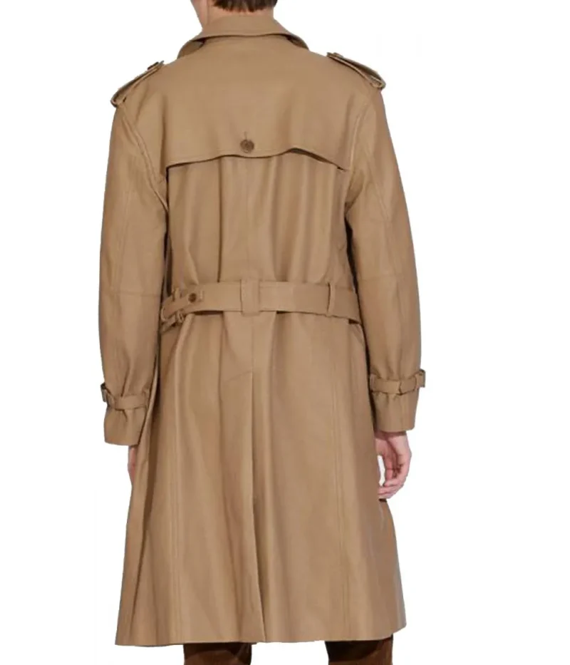 Men’s Double Breasted Light Brown Belted Leather Coat