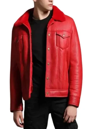 Men’s Trucker Red Shearling Leather Jacket
