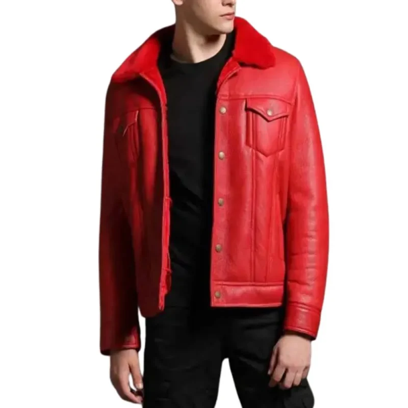 Men’s Trucker Red Shearling Leather Jacket