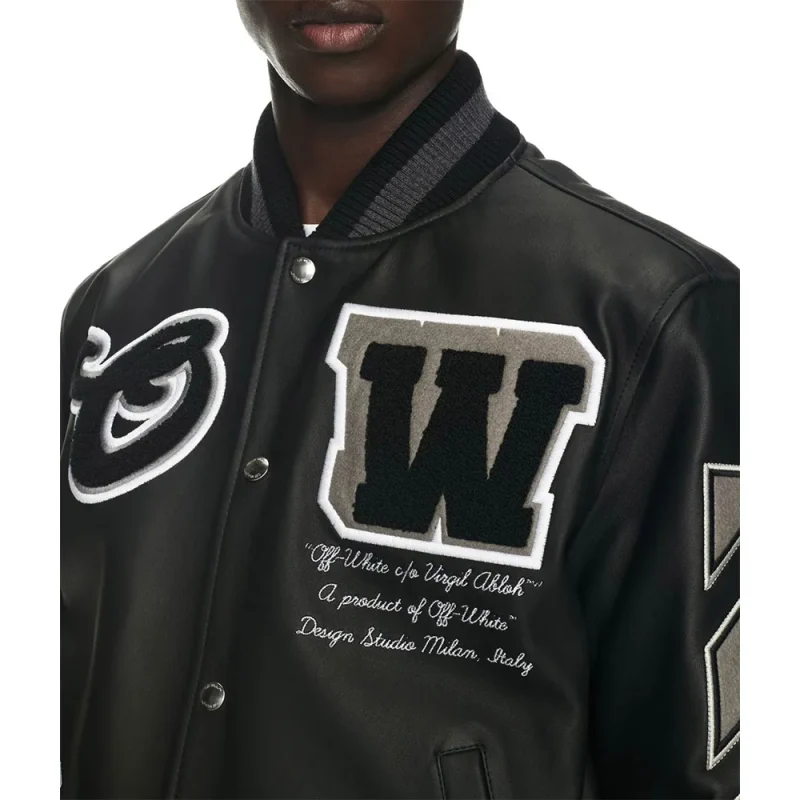 Off-White Full Black Leather Varsity Jacket