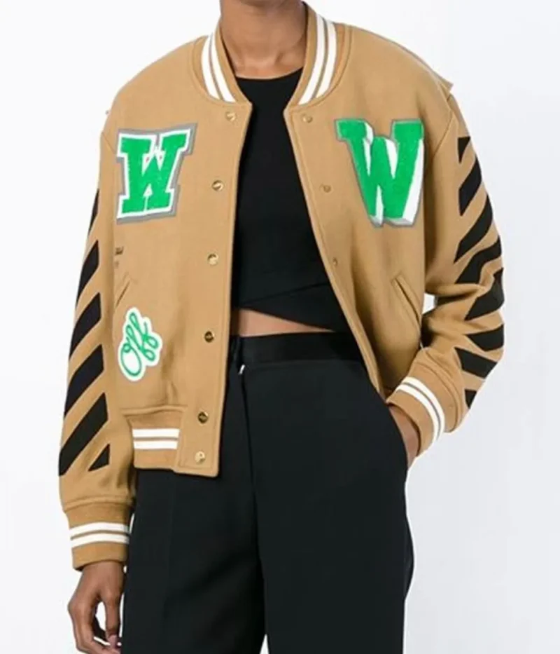 Off White Black Striped Brown Varsity Jacket