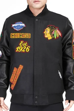 Chicago Blackhawks Animal Patches Black Varsity Jacket