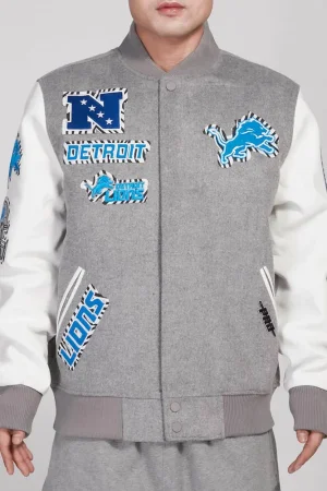 Detroit Lions Animal Patches Gray Varsity Jacket
