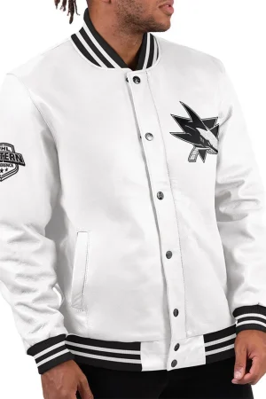 San Jose Sharks Black Ice Varsity White Leather Jacket