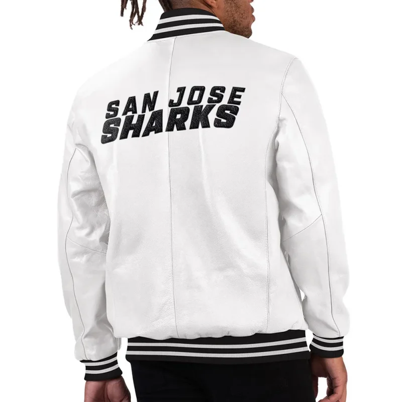 San Jose Sharks Black Ice Varsity White Leather Jacket